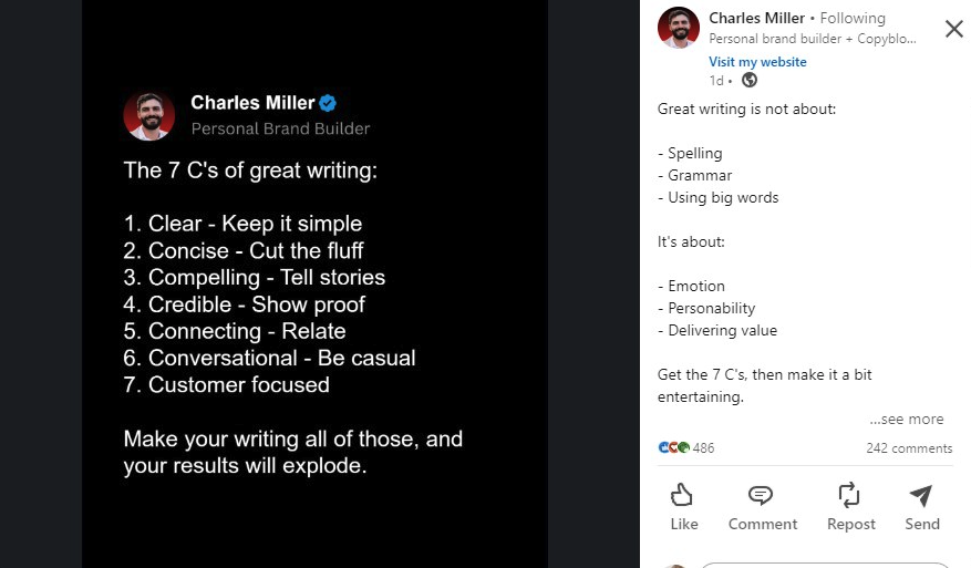 LinkedIn microblog post from Charles Miller talking about the 7 C's of great writing